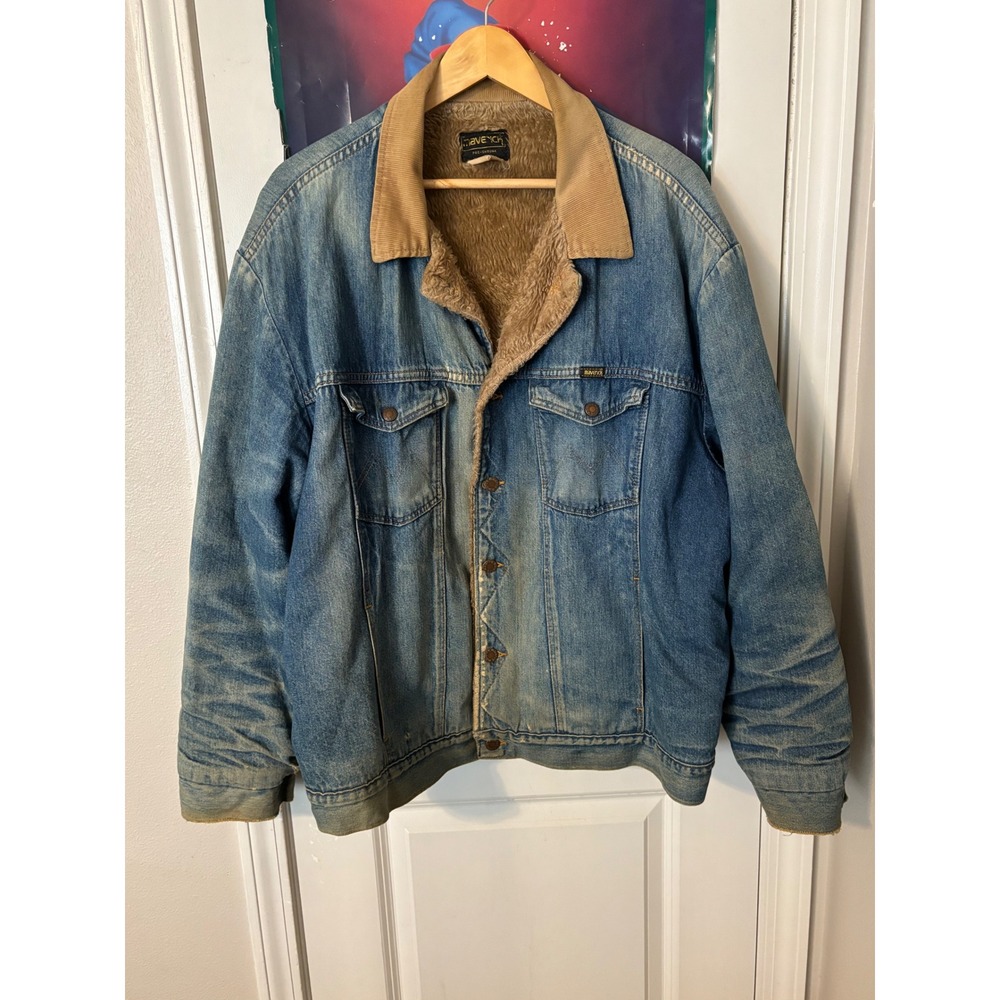 Vintage Maverick Denim Trucker Jacket Sherpa Lined Corduroy Collar Blue USA Made